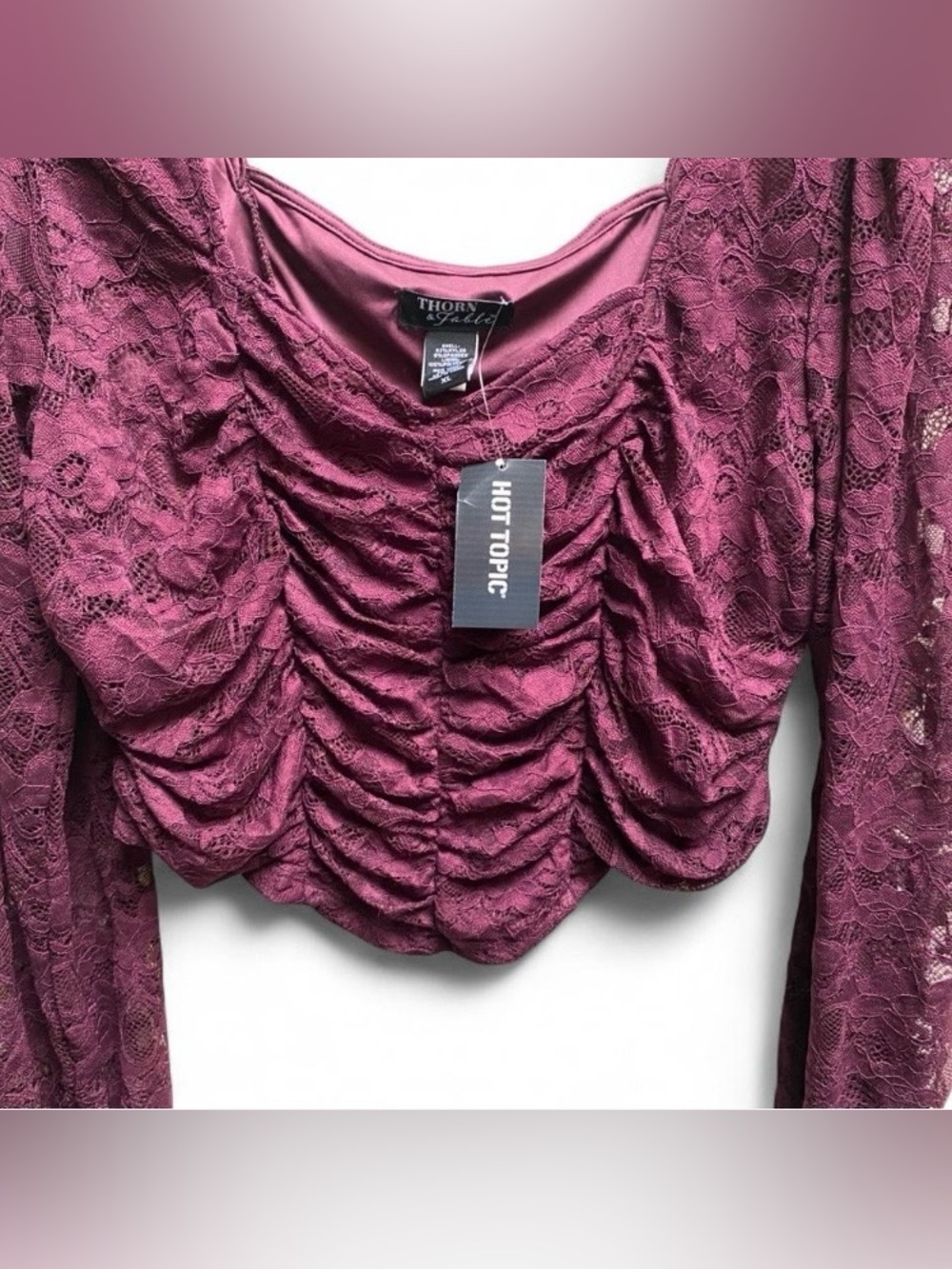 Hot Topic Women's Plum Lace Ruched Long-Sleeve Crop Top - Picture 3 of 7